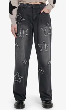 Hot Topic Womans‎ Black Frayed Star Patch Wide Leg Denim Pants Size Large Goth