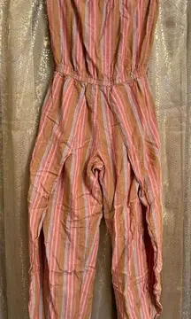 Drew Anthropologie Orange Striped Split Leg Strapless Linen Rayon Jumpsuit Small