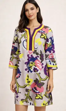 Boden Dress Women 6 Purple Floral Print 3/4 Sleeve Tunic Mini Preppy Bohemian