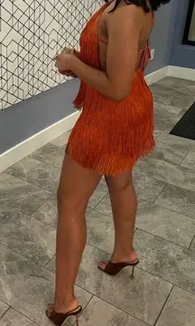 Dark Orange Fringe Romper / Halter