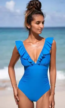 NWT‎ Cupshe Blue Lurex Ruffled Tummy Control One Piece Swimsuit - Size Medium