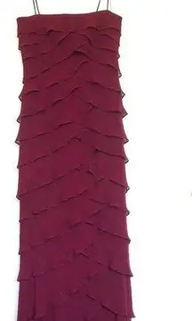 Tadashi Shoji Burgundy Colored Straight Across Neckline Tiered Silk Long Gown