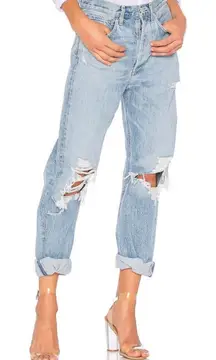 Agolde Women’s 90’s Mid Rise Loose Fit Distressed Straight Leg Jeans in Fall Out