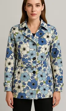 Vtg.‎ Eddie Bauer Floral Print Belted Trench Coat Spring Jacket Blue White Small