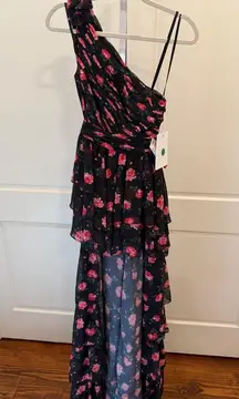 NWT Mac Duggal 70246 Black Floral Chiffon One Shoulder High Low Maxi Dress 0