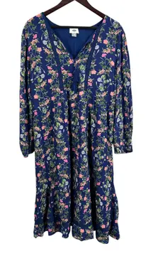 Old Navy Blue Floral Midi Dress XL Rayon Lined Long Sleeve Boho Fit & Flare