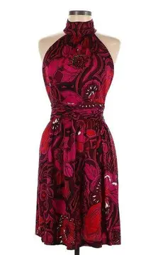 Red Print Halter Backless Cocktail Dress Size 6 EUC