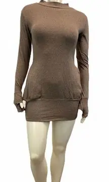 BROWN Round Neck Long Sleeve Mini Dress