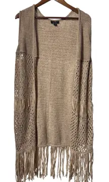 ALYX Women 1X Beige Knit Crochet Fringe Open Front Long Vest Cardigan Retro