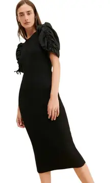 Anthropologie En Saison Fitted Maxime Midi Dress Puff Sleeves Black Size Medium