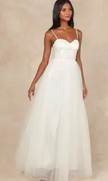 LULU’S Ethereal Romance White Sleeveless Embroidered Bustier Maxi Dress