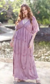 Pink Blush Mauve Lace Mesh Overlay Maternity Maxi Dress Women's 2X Lined