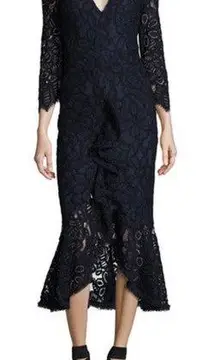 Alexis Nadege Navy Crochet Lace 3/4-Sleeve V-Neck Midi Mermaid Dress Small Party