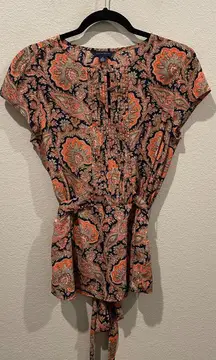 Paisley Short Sleeve Top with Waist Tie