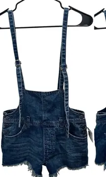 Free People We The Free Blue Denim Strappy Shortalls Frayed Overall Shorts Twee