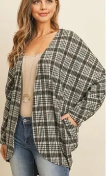 Riah Fashion Gray Plaid Open Cardigan With Pockets S