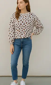 Ann Taylor Leopard Cheetah Print Balloon Sleeve Tan White Sweatshirt Size S