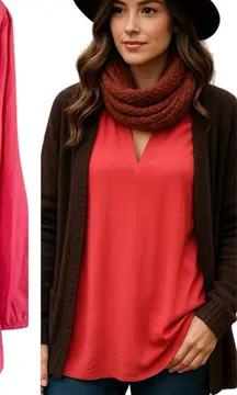 Pleione Split‎ Neck Blouse Large Pink 3/4 Sleeve High-Low Hem Lightweight