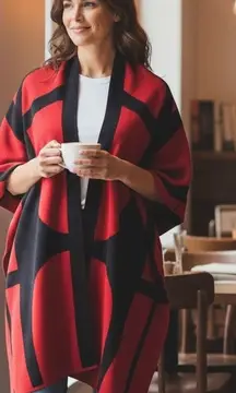 Chico's Cape Shawl Poncho Open Red Black Geometric OSFM 100% Cotton Cottage Boho