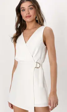 NWT Lulus Rooftop Bar White Sleeveless Faux-Wrap Belted Skort Romper Chic Size S