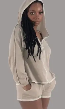 NWT Symphony Lounge Set Womens S Taupe Hoodie Shorts Two Piece Clean Girl Cozy