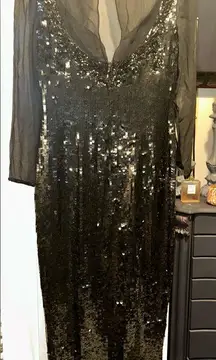 A.J. Bari Vintage 80’s Sequined Black Long Sleeve Plunge 100% Silk&Sequence Gown