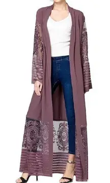 Embroidered Floral Mauve Elegant Duster Kimono Abaya Women’s Size Medium NWT