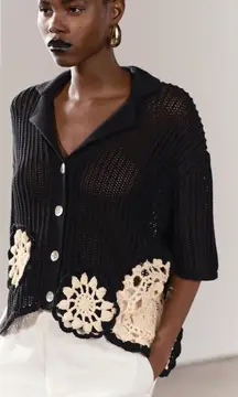 ZARA Crochet Button Up Floral Sunflower Short Sleeve Cardigan Sweater Black L/XL
