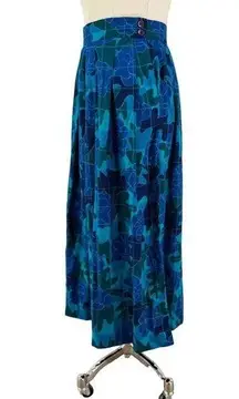 Vintage Printed Camo Floral Midi Skirt Pleated Blue Green Teal