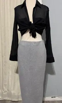 ZARA Midi Pencil Skirt Grey Ribbed Knit Stretch Elastic Waist Women Size M