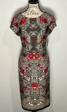 Chic Patterned Midi Dress in Red and Black Size 10