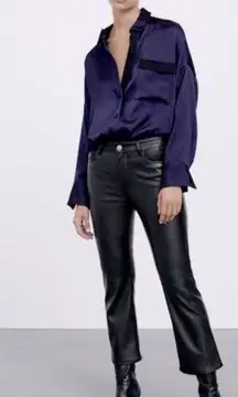 Zara Faux Leather CROPPED Trouser Flare Pants Jeans BLACK Size EU 32/0 NEW