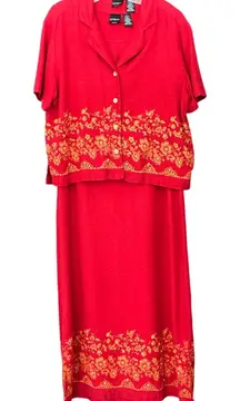 Vintage 90’s Erika Red Linen Floral Midi Dress And Top