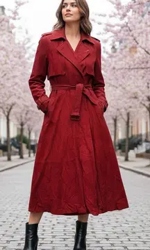 Vintage Wine Red 100% Leather Trench Coat Dress Women's Well Loved Unique Size 8