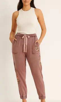 Sundance Women’s Flowers Embroidered Cuffed Pants Mauve Pink Joggers size XL