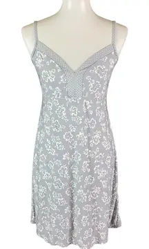 Laura Ashley Gray Floral Sleeveless Slip Dress L Polka Dot Trim Vintage Style