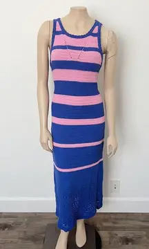 [Scoop NYC] Blue Pink Bold Striped Crochet Open Knit Midi Dress Size Medium M