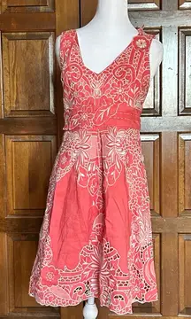 Yoana Baraschi Size 4 Linen Dress Coral Embroidered Sleeveless
