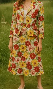 Vtg Kay Unger New York Silk Linen Floral Skirt Blazer Set Womens Sz S Cottage