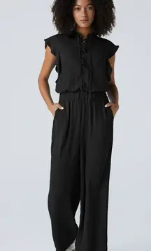 107HO.- Crisscross Lace Up Ruffle Cap Sleeve Button Cut Out Side Pocket Jumpsuit