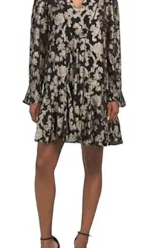 By Anthropologie Gold Foil Floral Metallic Long Sleeve Tunic Shift Dress Small