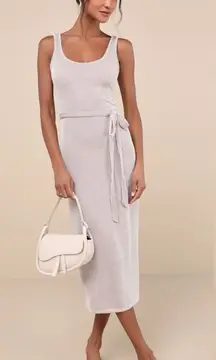 LULU’S Summer Perfection Taupe And Ivory Striped Ribbed MIDI Dress