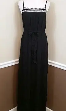 Black Crinkled Gauzy Embroidered Belted Boho Modcloth Maxi Dress by Doe & Rae