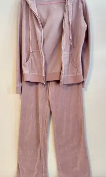 NY & Co Velour Lounge Matching Track Suit Full Zip Hoodie Wide Leg Pale Pink S