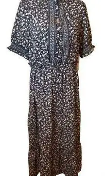 London Times NWT  Women's Petite Smocked Puff SLV Ruffle Nk Tiered Midi Dress