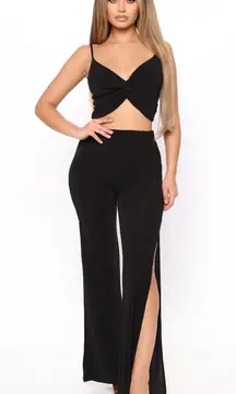 Black twist front crop top and split leg trousers set #goingout Shine On Me Pant Set - black 