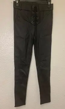 faux leather black pants size S lace up front, high rise