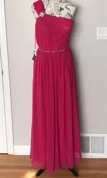 New  One Shoulder Asymmetric Formal Evening Prom Gown Chiffon Overlay Embellished Bright Fuchsia Hot Pink Colorful Chiffon Coastal Coquette 