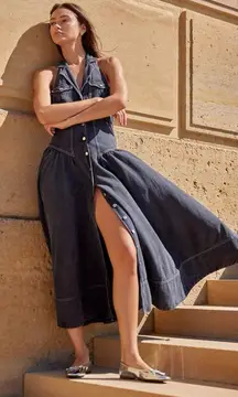 Free People Soundwave Denim Halter Maxi Dress in Black Bohemian Size Large