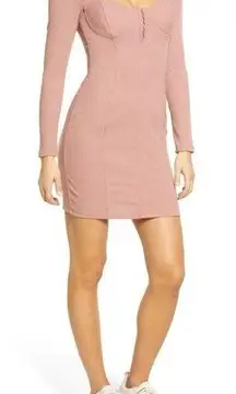 💕 The Label Blush Ribbed Long Sleeve Bodycon Dress Knee Length Size M